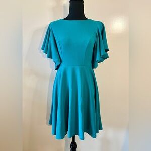 Teal Flutter Sleeve Fit-and-Flare Dress